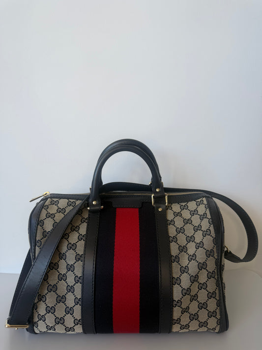 Vintage Gucci Web Original Medium GG Boston Bag - GG Canvas/Dark Navy