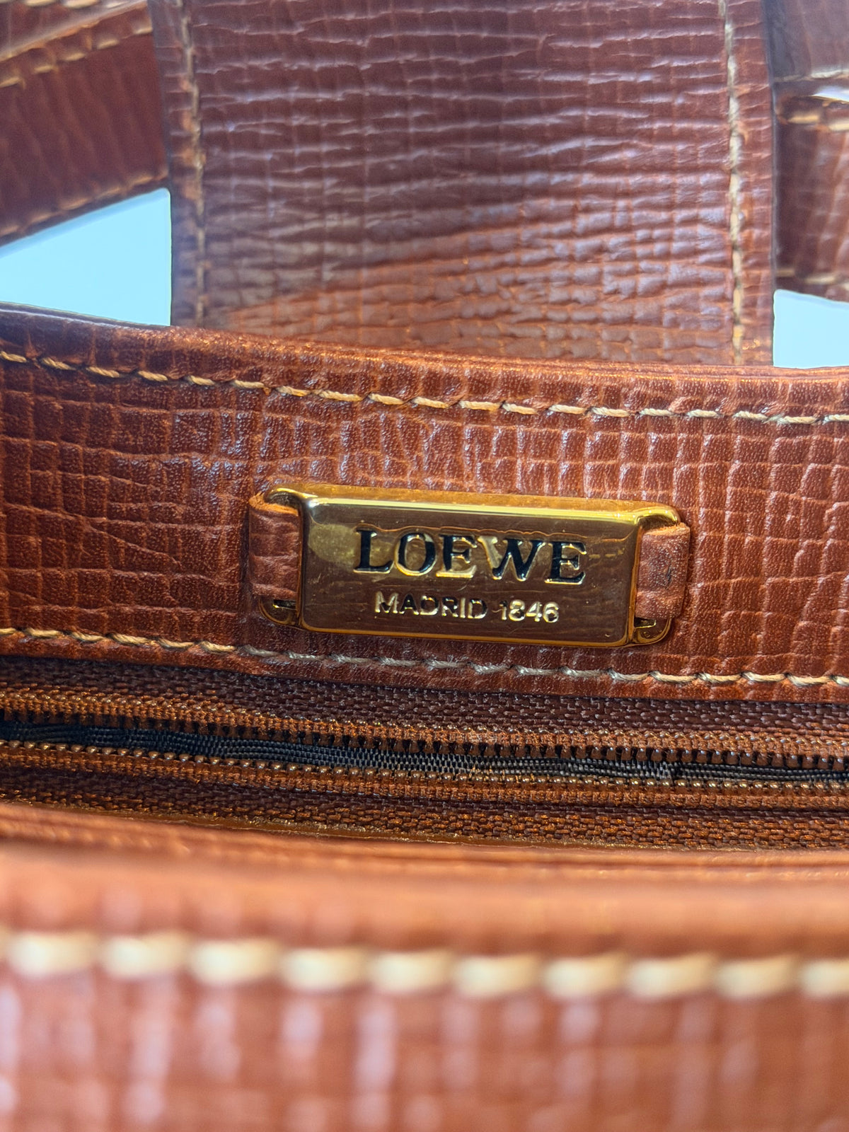 Vintage Loewe Brown Grained Leather Loop Turn-Lock Crossbody Bag
