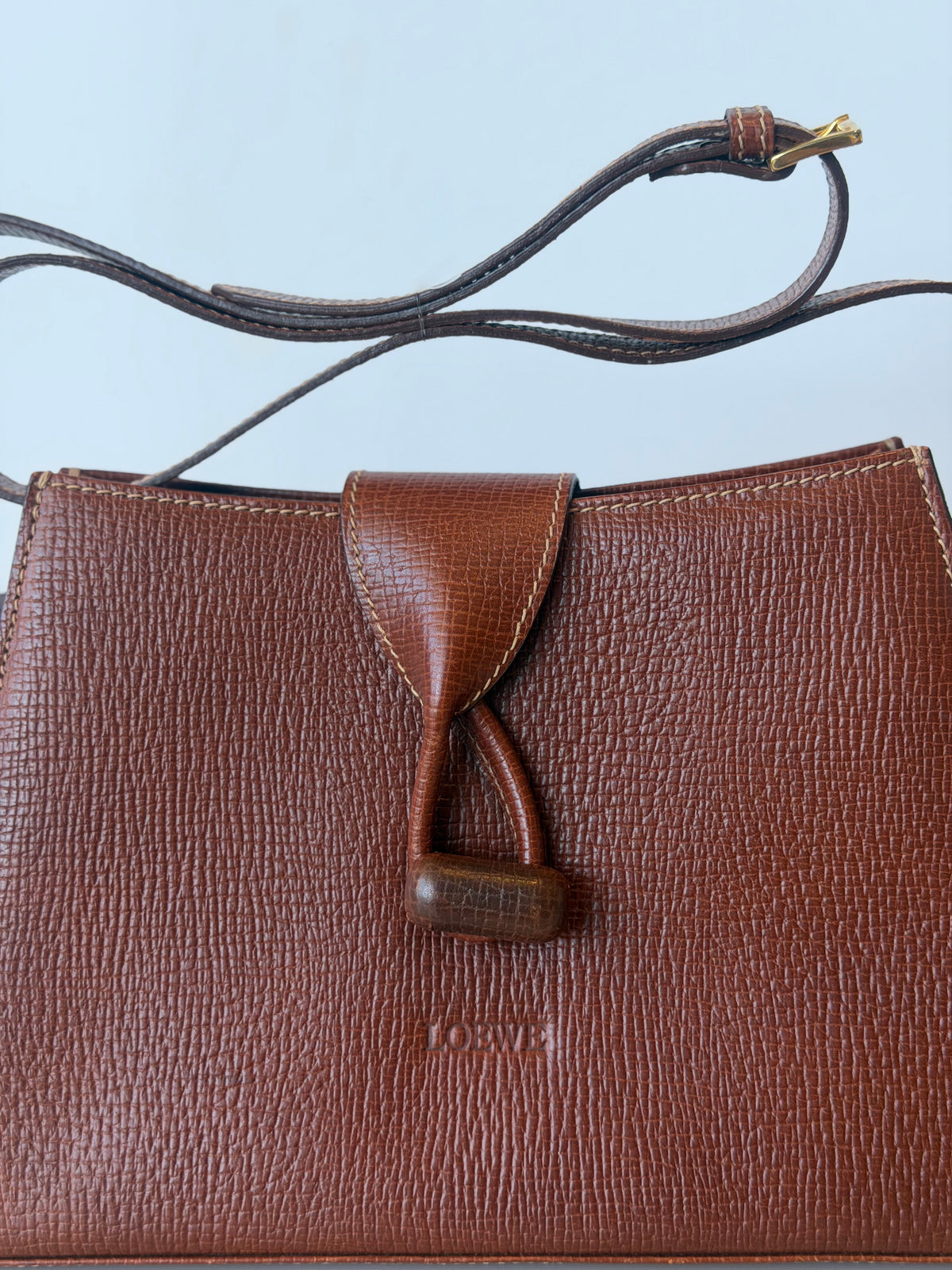 Vintage Loewe Brown Grained Leather Loop Turn-Lock Crossbody Bag
