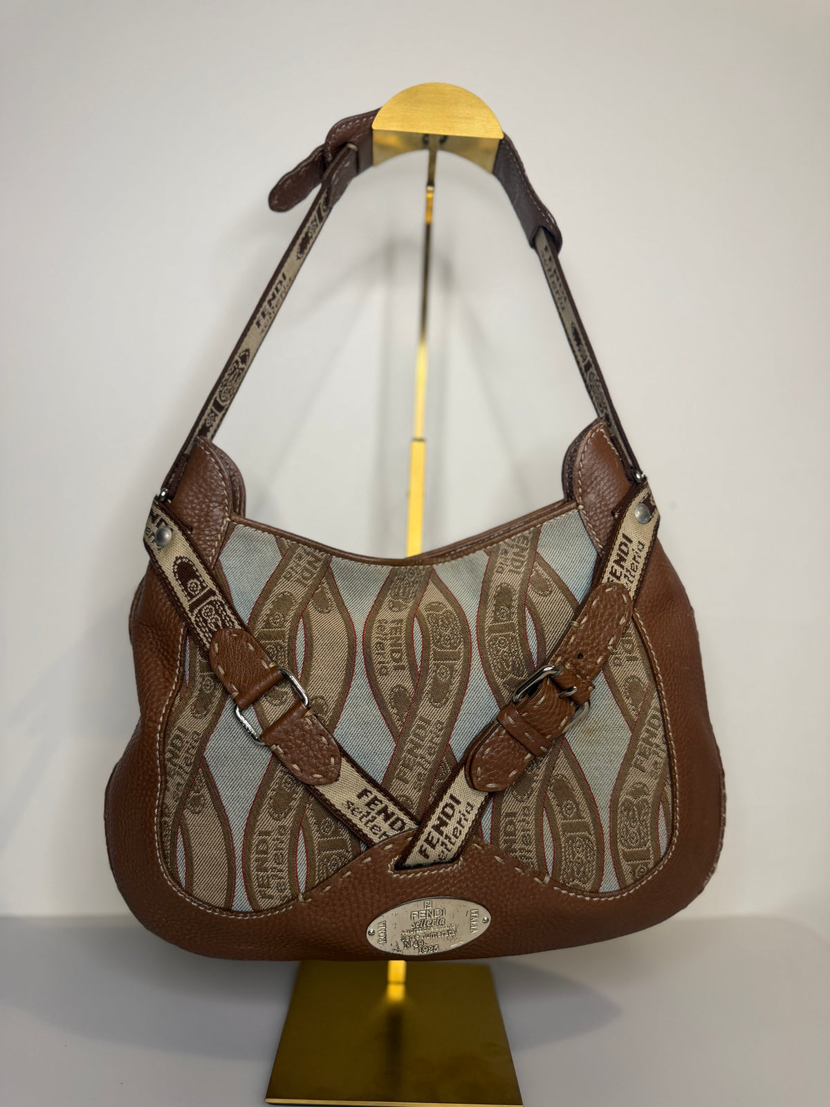 Archival Vintage Fendi Selleria Logo Canvas and Leather Buckle Hobo Bag by Karl Lagerfeld