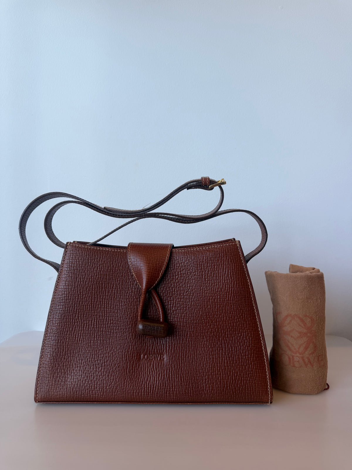Vintage Loewe Brown Grained Leather Loop Turn-Lock Crossbody Bag