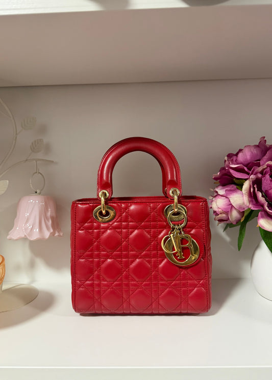 Lady Dior Small in Lambskin with Gold Hardware - Red