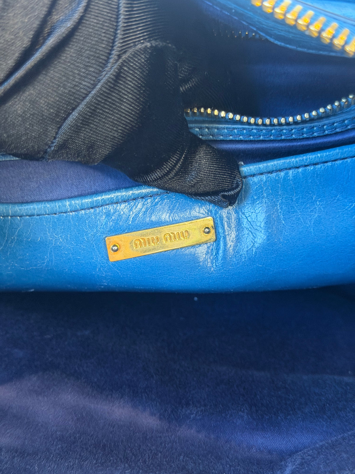 Miu Miu Vitello Shine Bauletto / Zip Tote - Oceano Blue