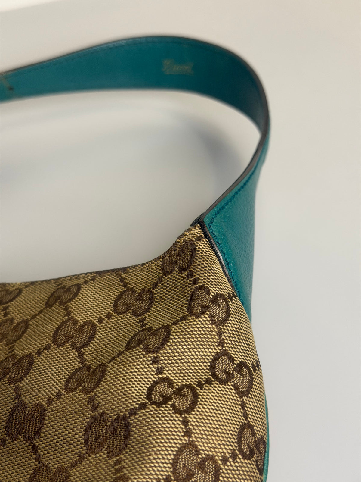 Vintage Gucci Jackie O GG Monogram Shoulder Bag — Turquoise Leather Trims