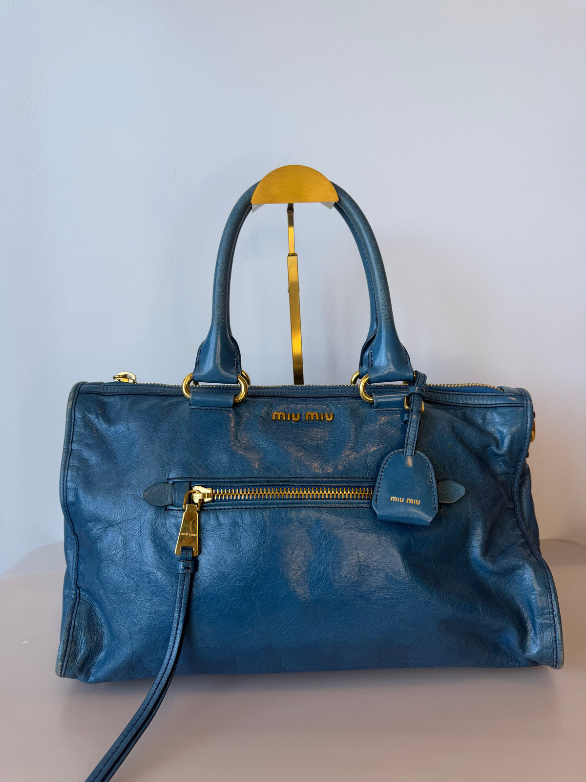 Miu Miu Vitello Shine Bauletto / Zip Tote - Oceano Blue