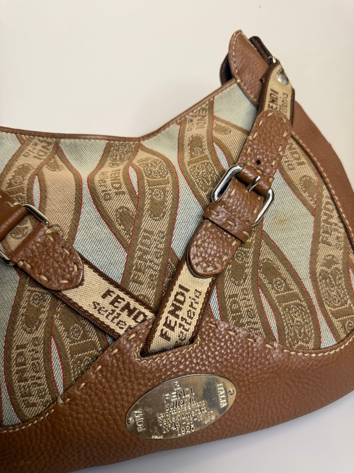 Archival Vintage Fendi Selleria Logo Canvas and Leather Buckle Hobo Bag by Karl Lagerfeld