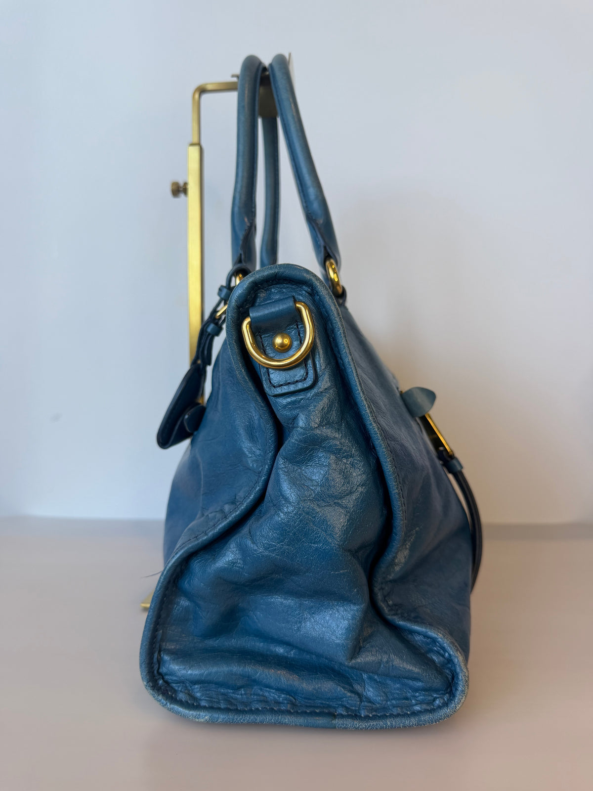 Miu Miu Vitello Shine Bauletto / Zip Tote - Oceano Blue