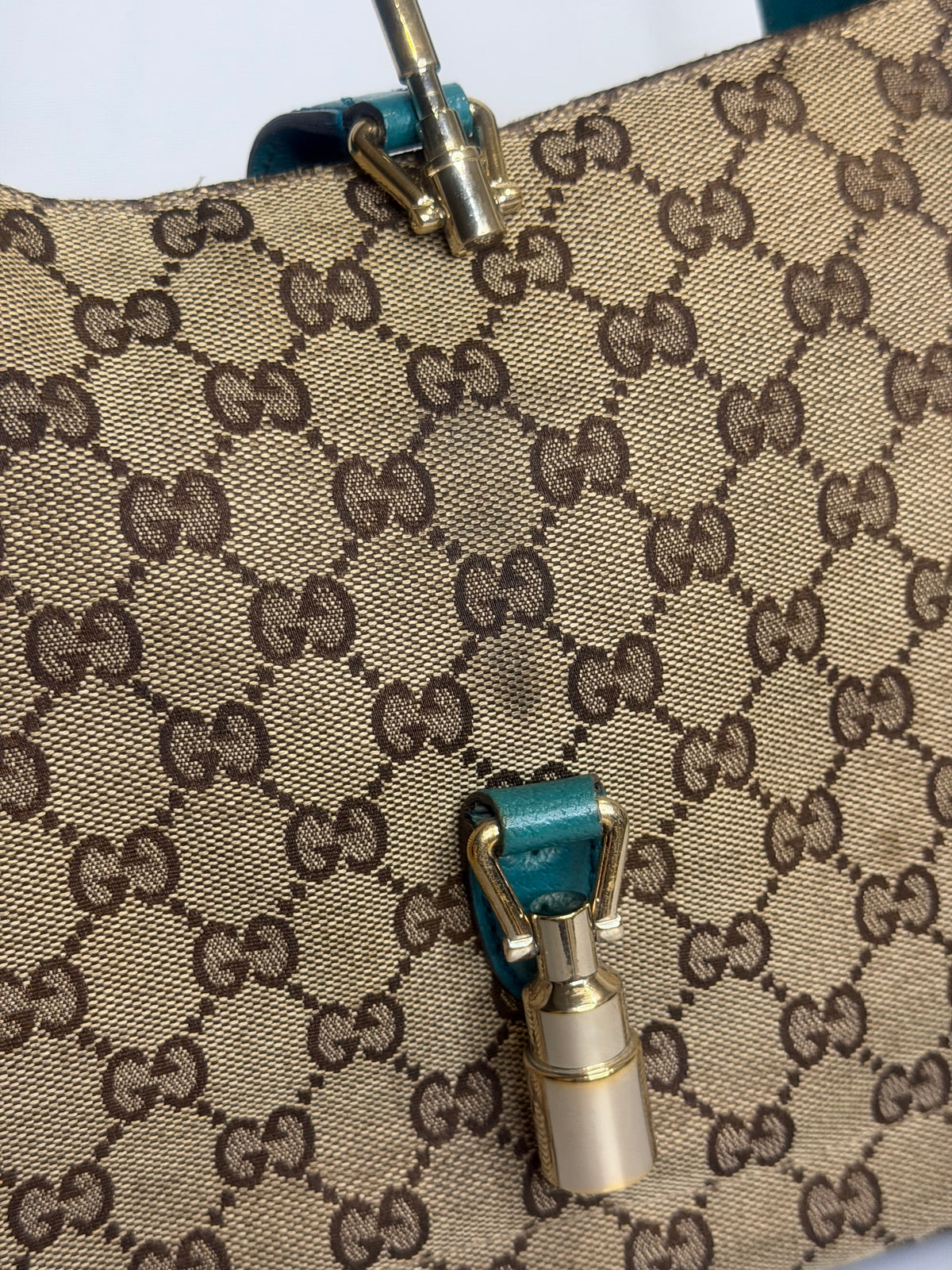 Vintage Gucci Jackie O GG Monogram Shoulder Bag — Turquoise Leather Trims
