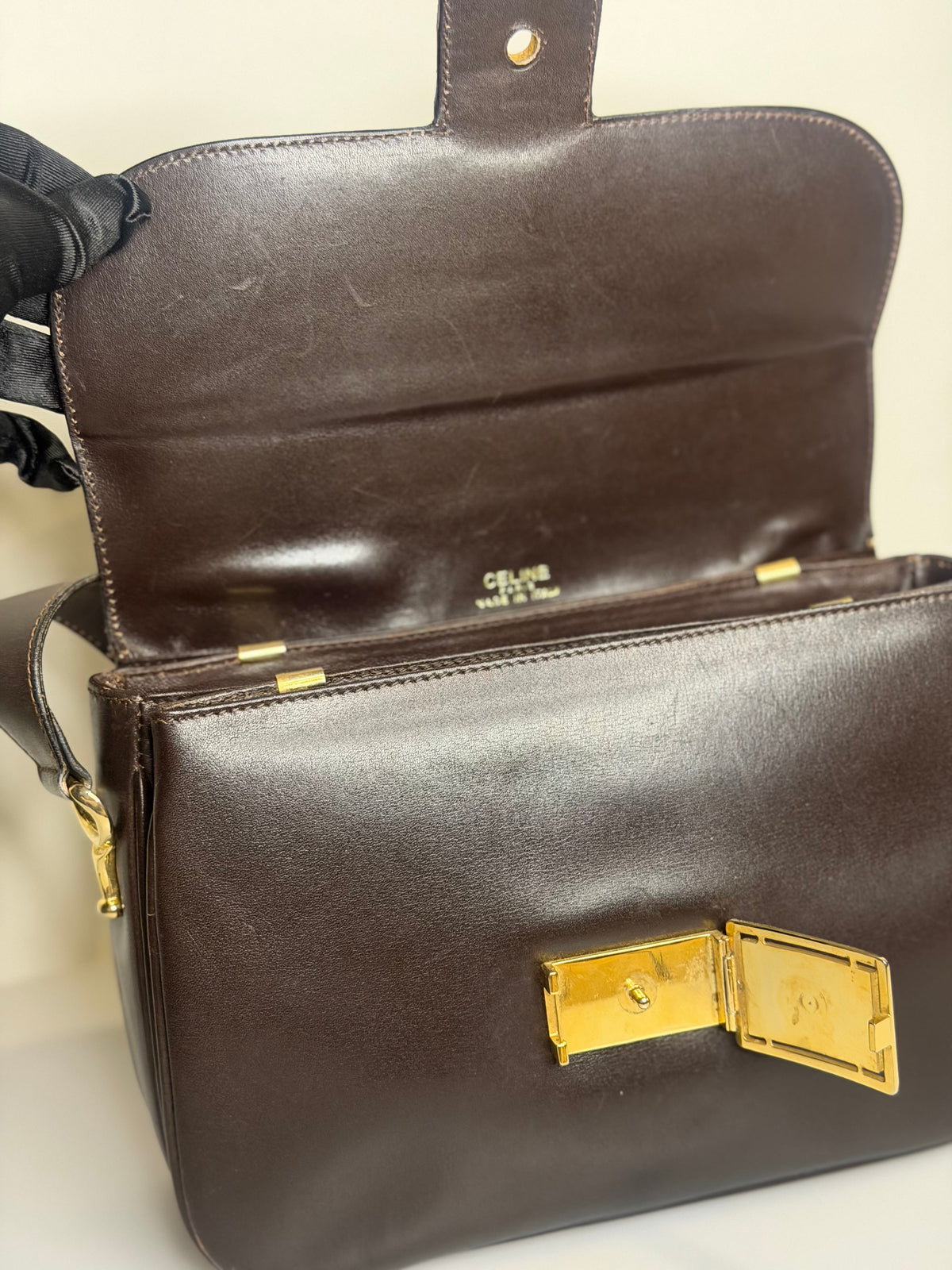 Archival Vintage Celine Paris Horse Carriage Box Shoulder Bag - Dark Brown