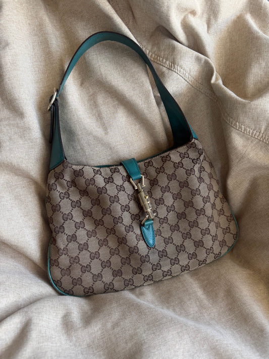 Vintage Gucci Jackie O GG Monogram Shoulder Bag — Turquoise Leather Trims