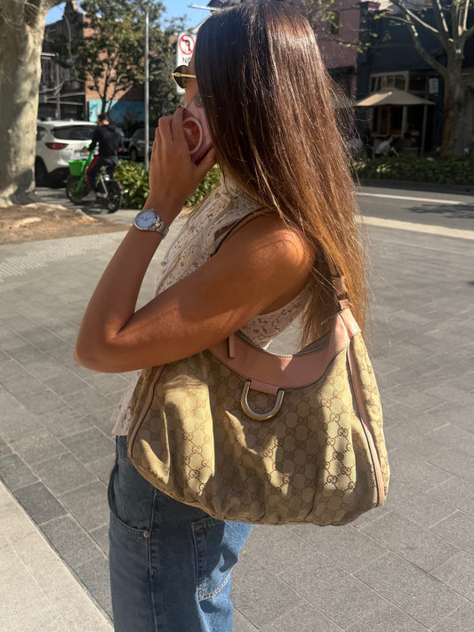 Gucci Abbey D-Ring Monogram Hobo Bag with Pastel Pink Leather Trim