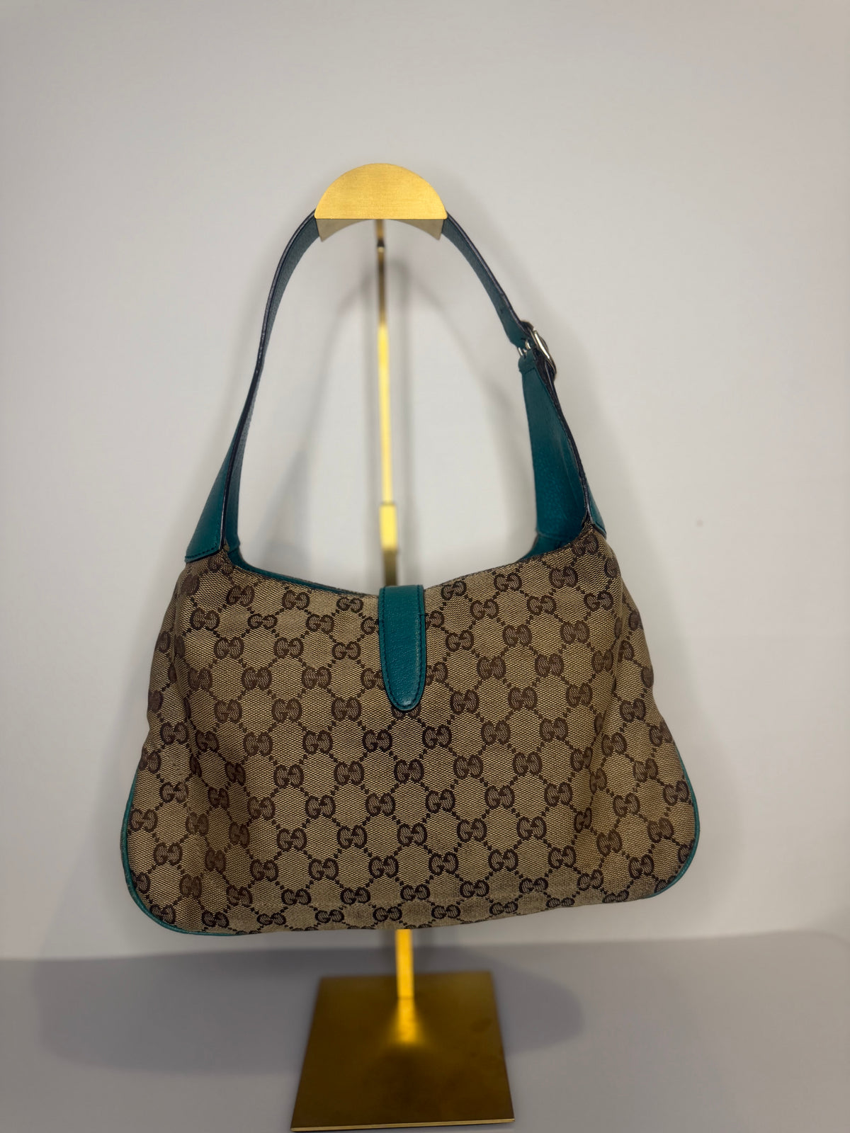 Vintage Gucci Jackie O GG Monogram Shoulder Bag — Turquoise Leather Trims