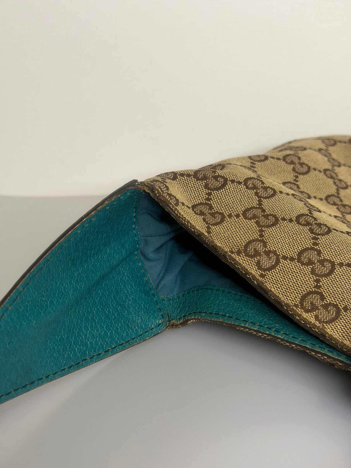 Vintage Gucci Jackie O GG Monogram Shoulder Bag — Turquoise Leather Trims