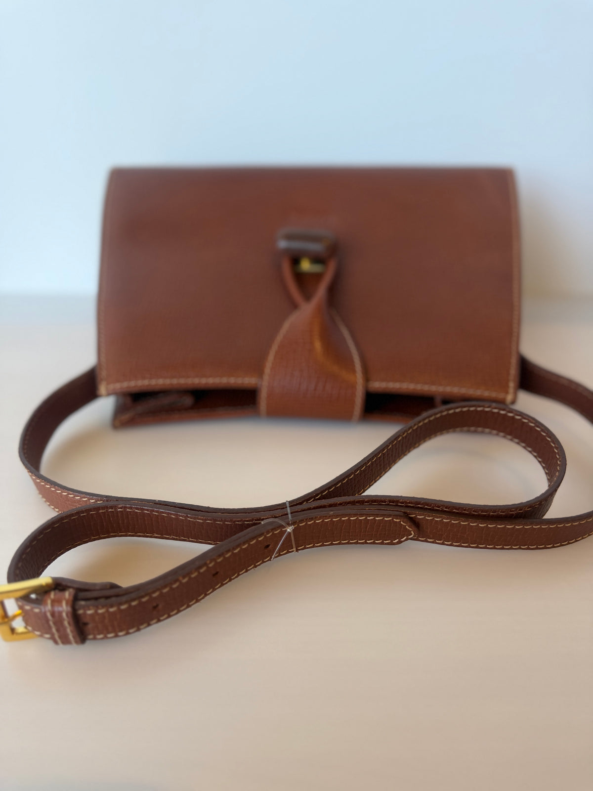 Vintage Loewe Brown Grained Leather Loop Turn-Lock Crossbody Bag