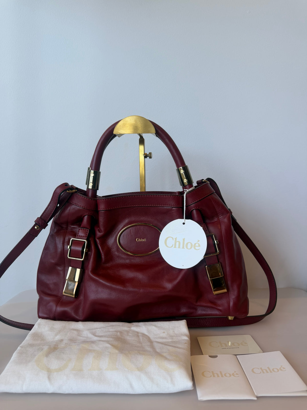 Chloé Victoria Calfskin Two-Way Bag – Burgundy