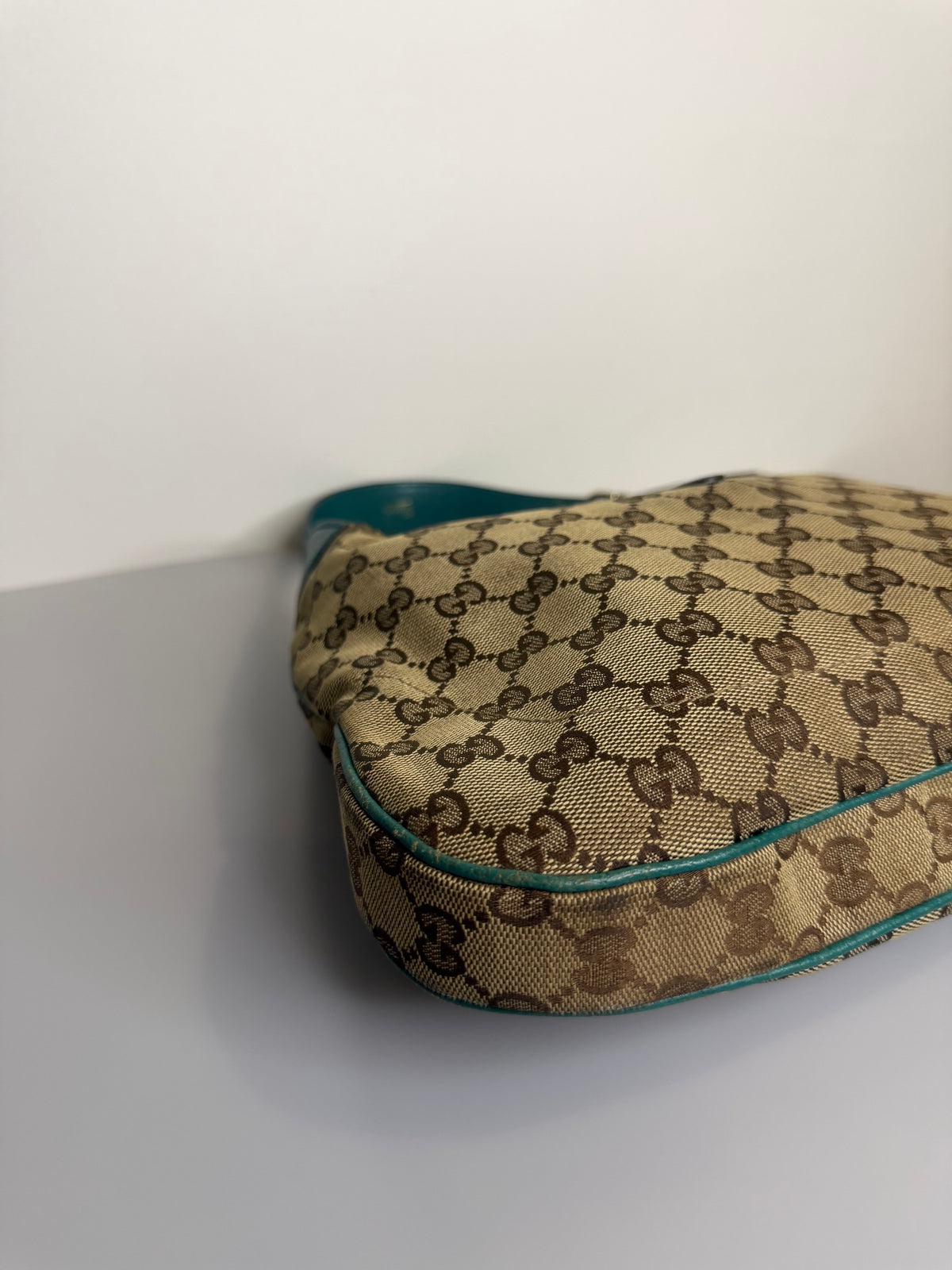 Vintage Gucci Jackie O GG Monogram Shoulder Bag — Turquoise Leather Trims