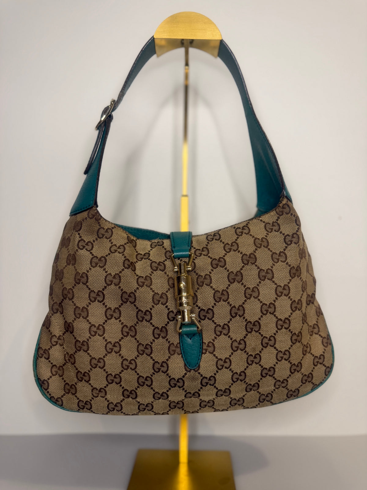 Vintage Gucci Jackie O GG Monogram Shoulder Bag — Turquoise Leather Trims
