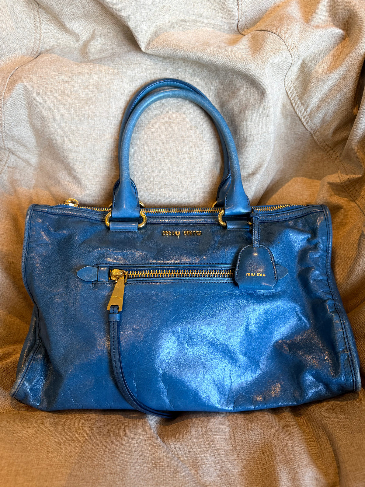 Miu Miu Vitello Shine Bauletto / Zip Tote - Oceano Blue