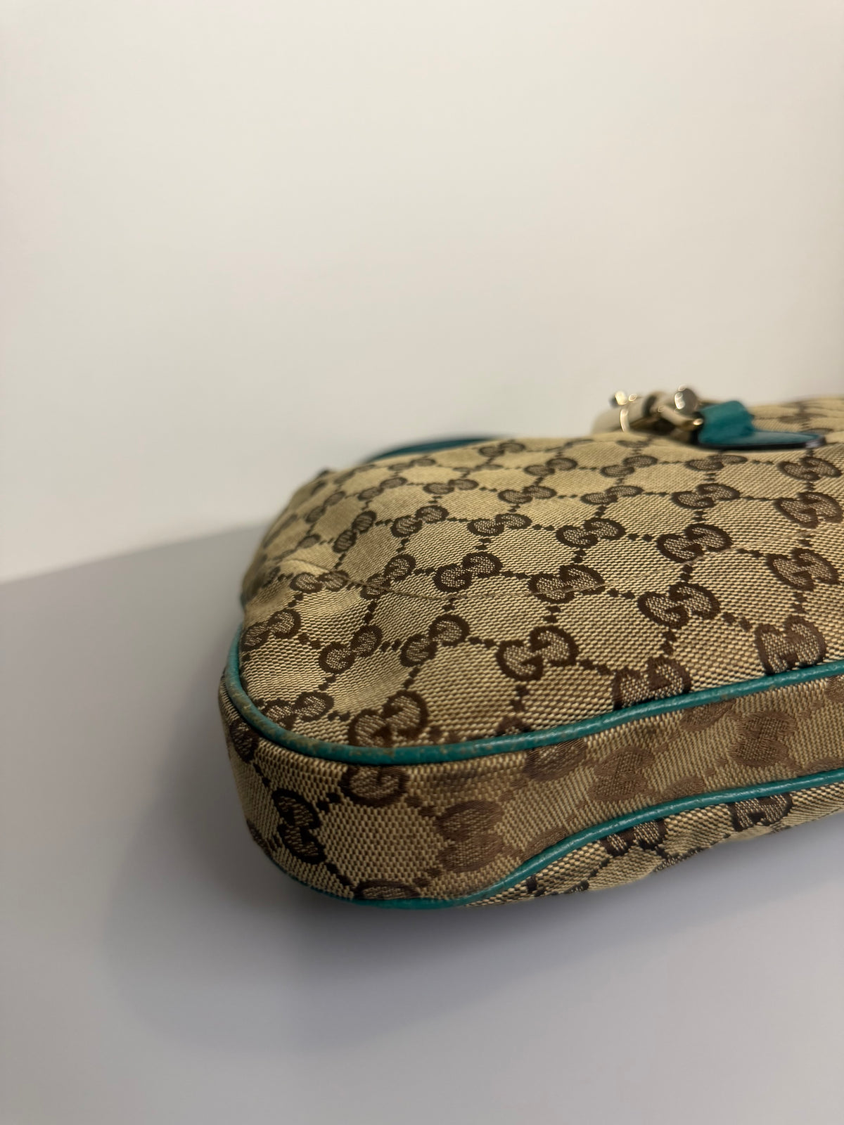 Vintage Gucci Jackie O GG Monogram Shoulder Bag — Turquoise Leather Trims