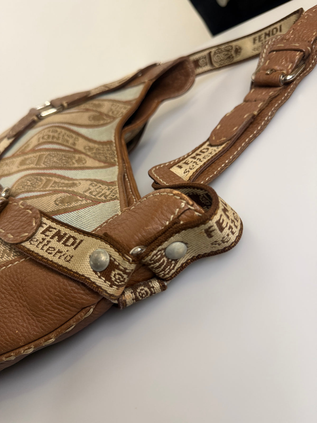 Archival Vintage Fendi Selleria Logo Canvas and Leather Buckle Hobo Bag by Karl Lagerfeld