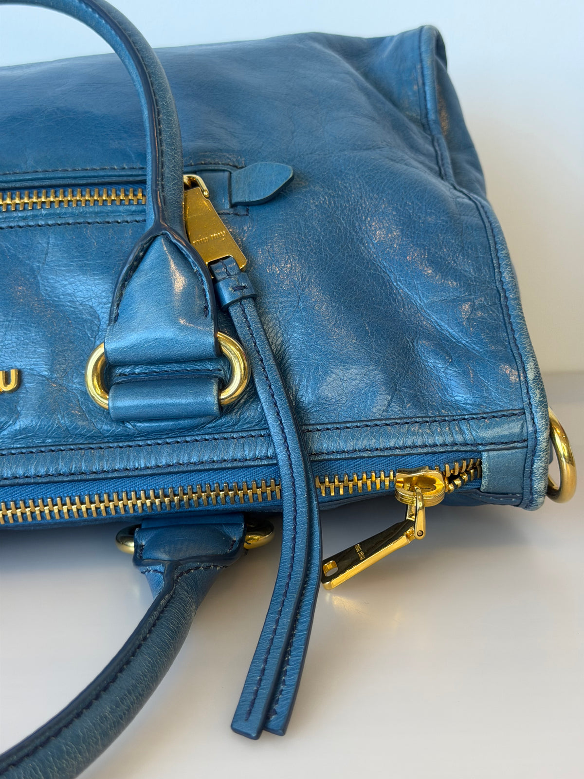 Miu Miu Vitello Shine Bauletto / Zip Tote - Oceano Blue