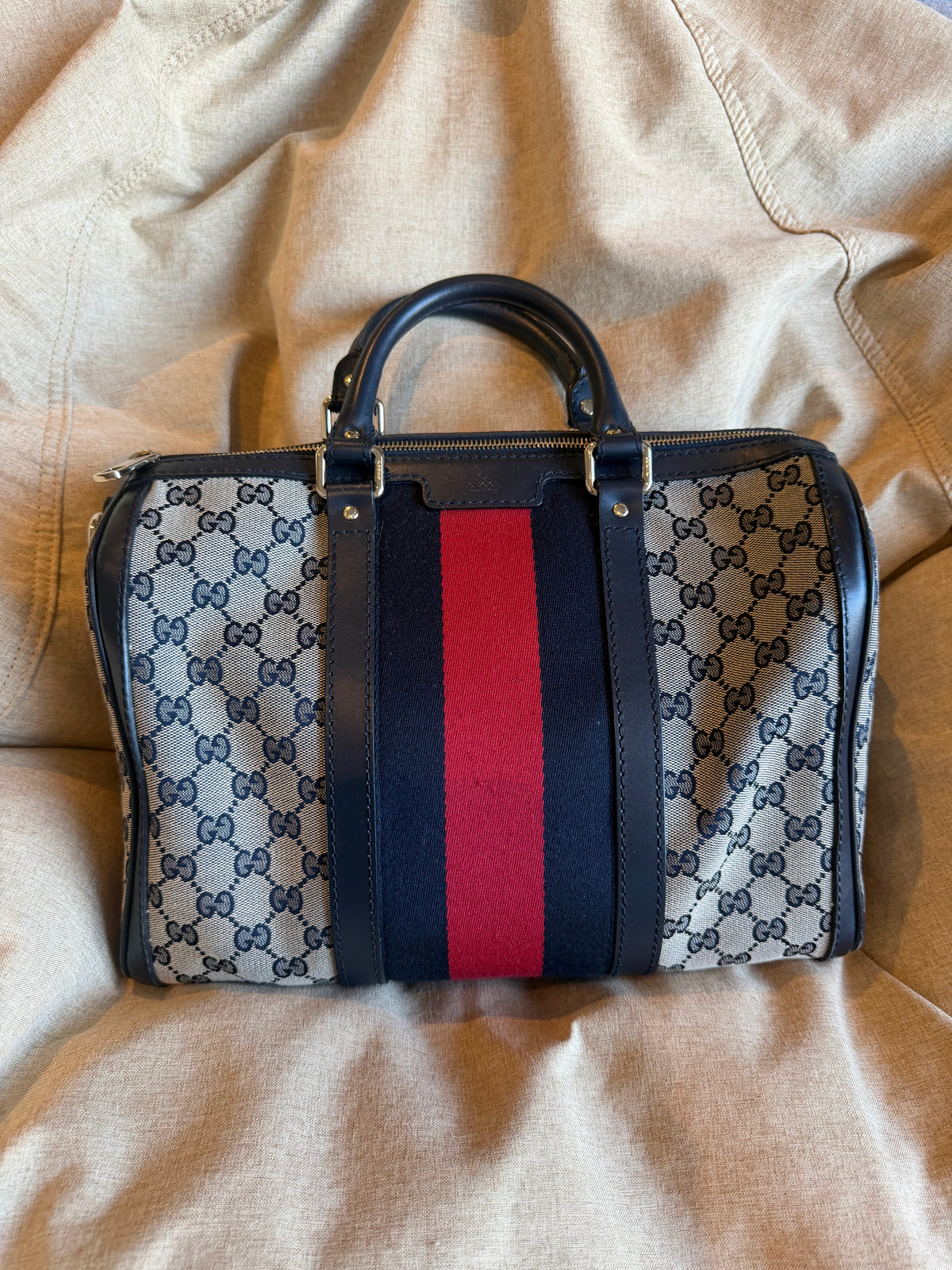 Vintage Gucci Web Original Medium GG Boston Bag - GG Canvas/Dark Navy