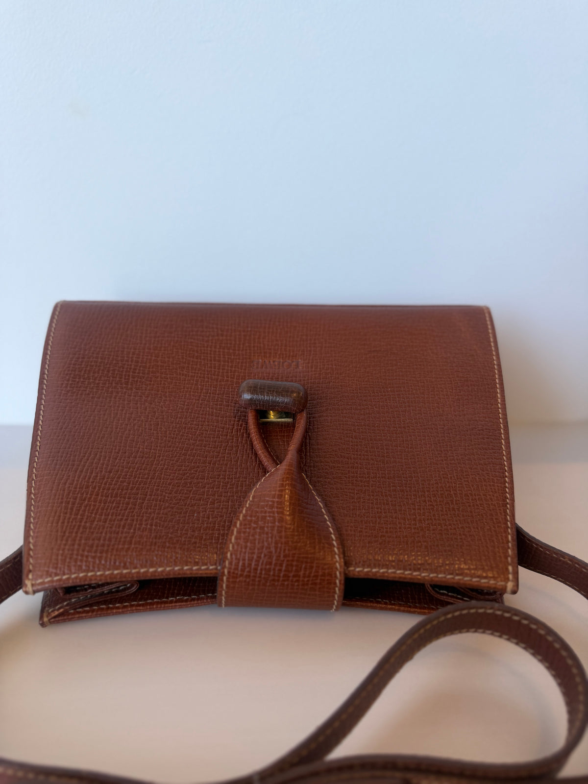 Vintage Loewe Brown Grained Leather Loop Turn-Lock Crossbody Bag
