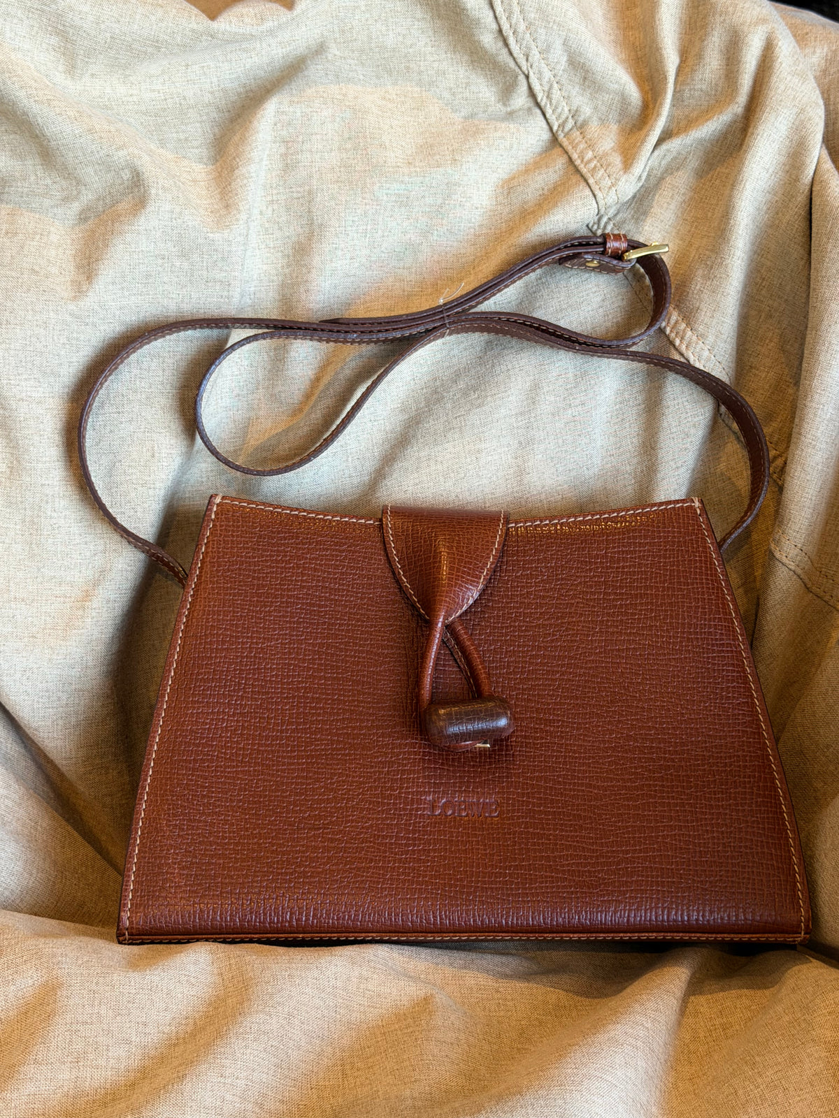 Vintage Loewe Brown Grained Leather Loop Turn-Lock Crossbody Bag