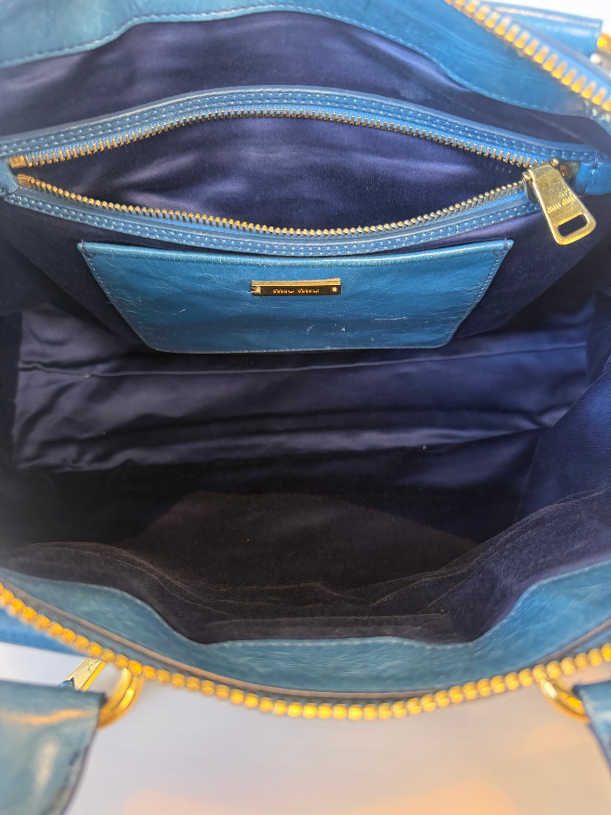 Miu Miu Vitello Shine Bauletto / Zip Tote - Oceano Blue