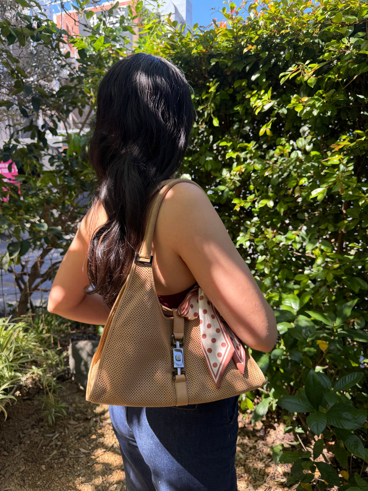 Rare Gucci Perforated Leather Jackie x Bardot Tan Hobo Shoulder Bag w/ Pouch