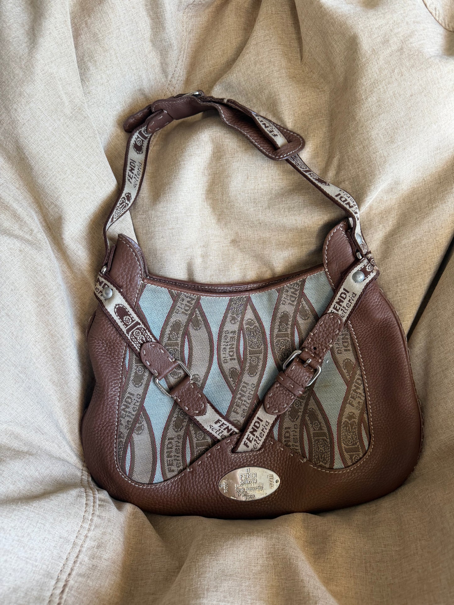 Archival Vintage Fendi Selleria Logo Canvas and Leather Buckle Hobo Bag by Karl Lagerfeld
