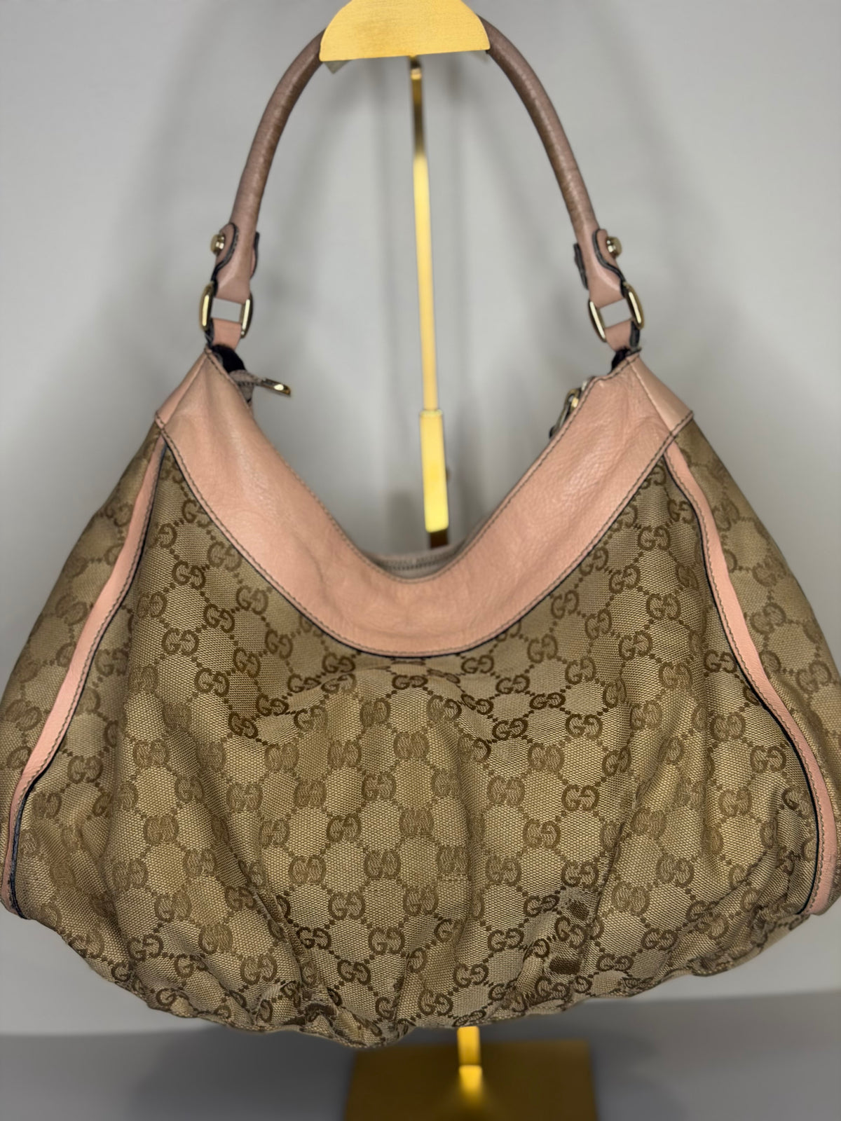 Gucci Abbey D-Ring Monogram Hobo Bag with Pastel Pink Leather Trim