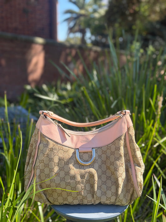 Gucci Abbey D-Ring Monogram Hobo Bag with Pastel Pink Leather Trim